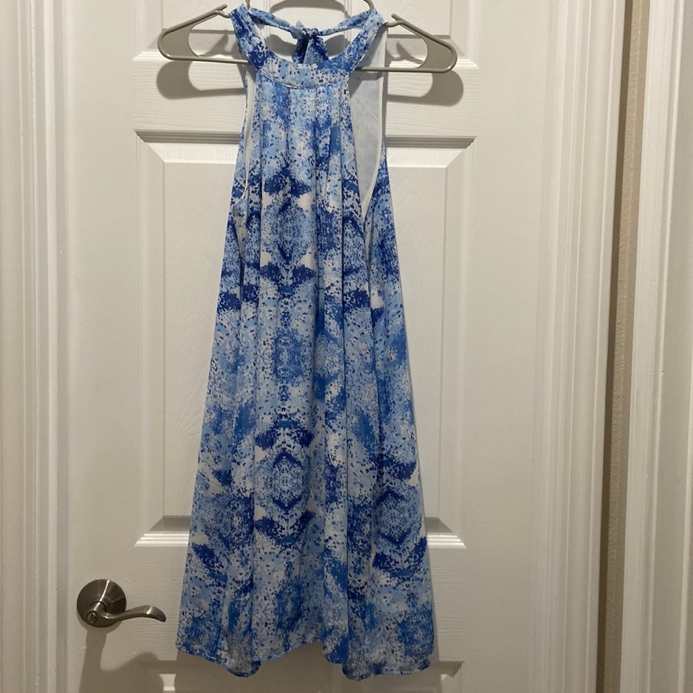 Japna Dress Womens Blue White Sleeveless High Neck Lined Casual Watercolors